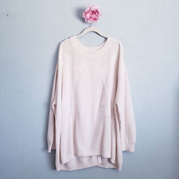 Anthropologie Sweaters - Kaari Blue Ivory Oversized Ribbed Knit Lace Applique Split Back Sweater Tunic